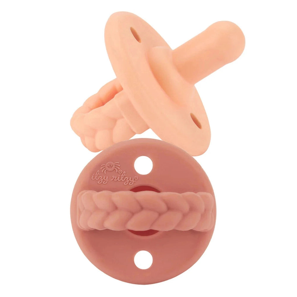 Itzy Ritzy Sweetie Soother Pacifier set, 2-pack with pink braided teether clip