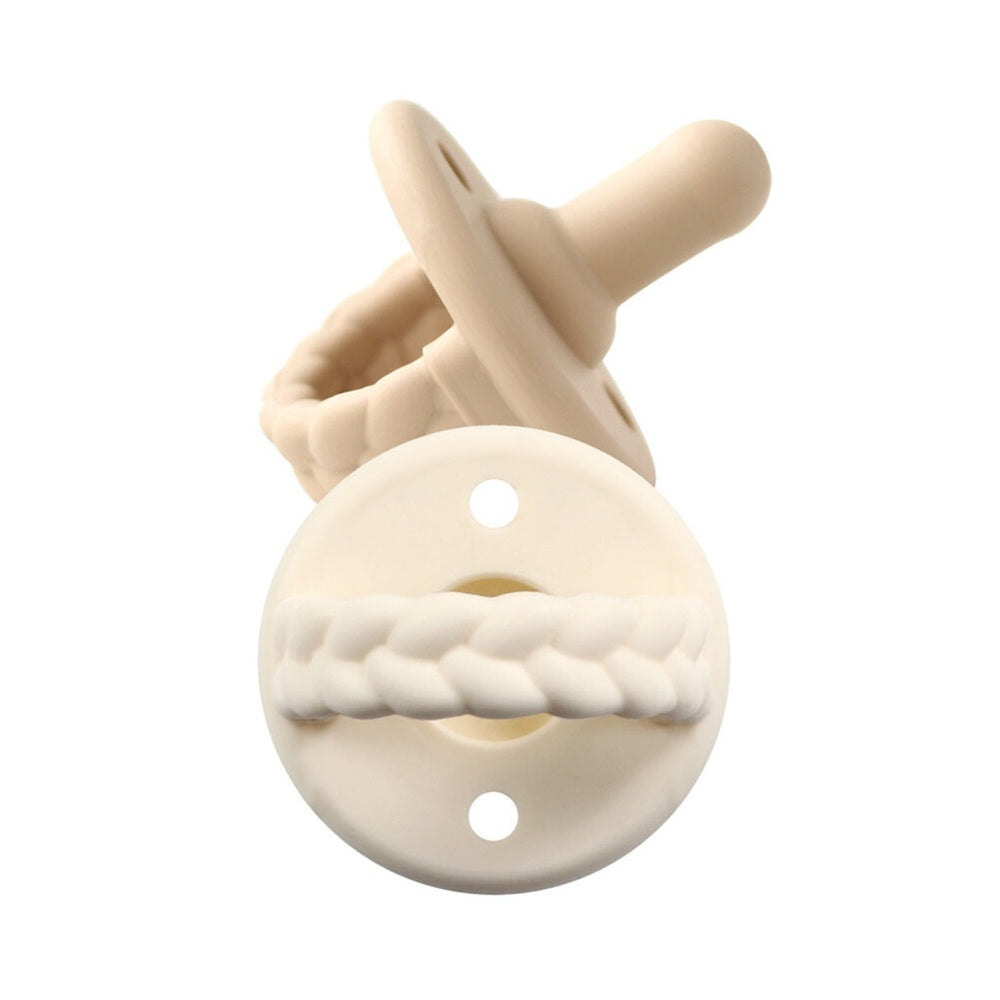 Itzy Ritzy Sweetie Soother Pacifier Set, ivory with braided clip, shown with round shield and nipple.