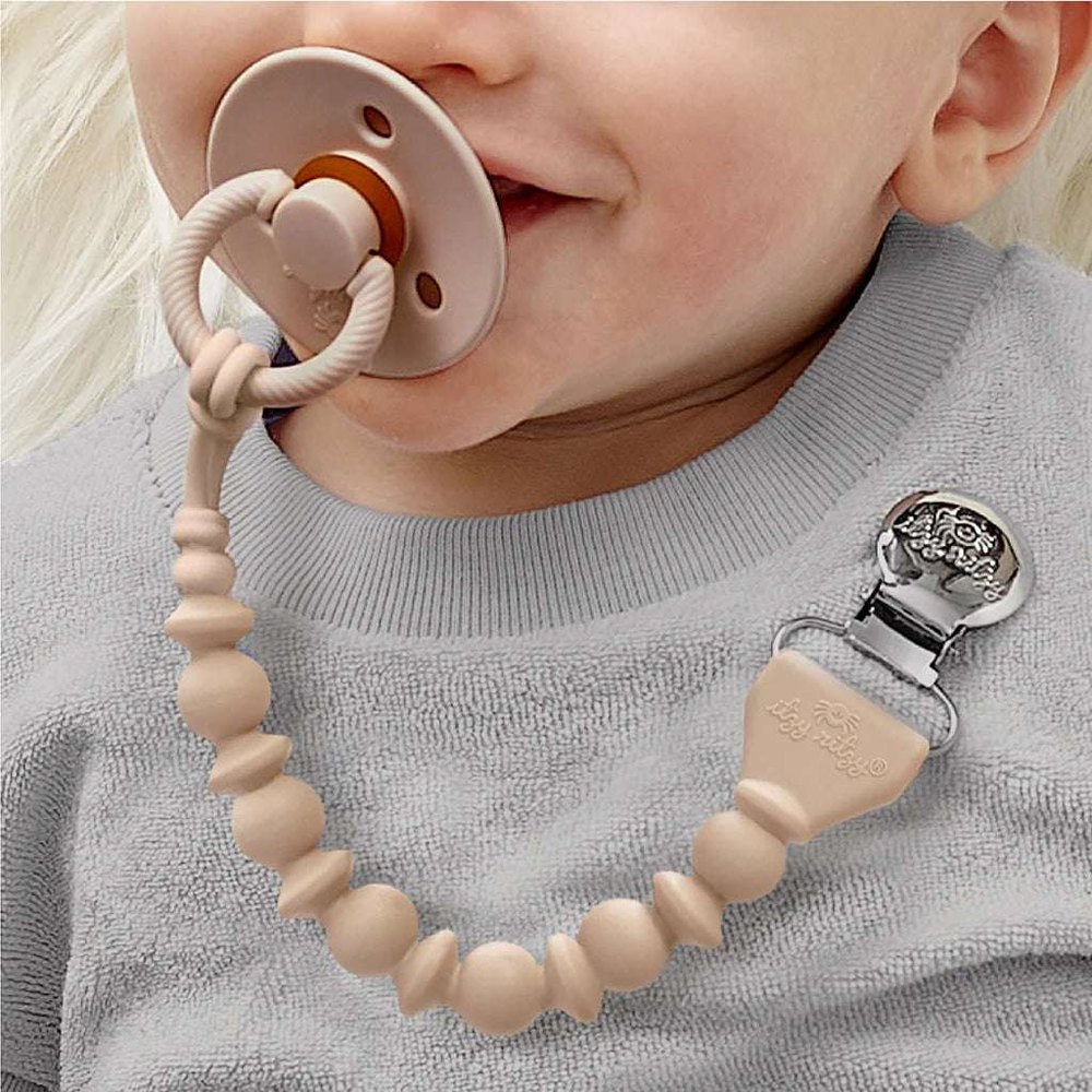 Itzy Ritzy Sweetie Strap Pacifier Clip with beige silicone beads and metal clip