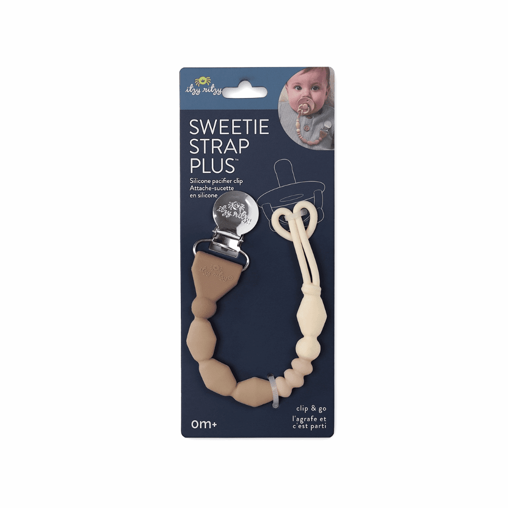 Itzy Ritzy Sweetie Strap Plus pacifier clip with beige silicone beads and metal clip