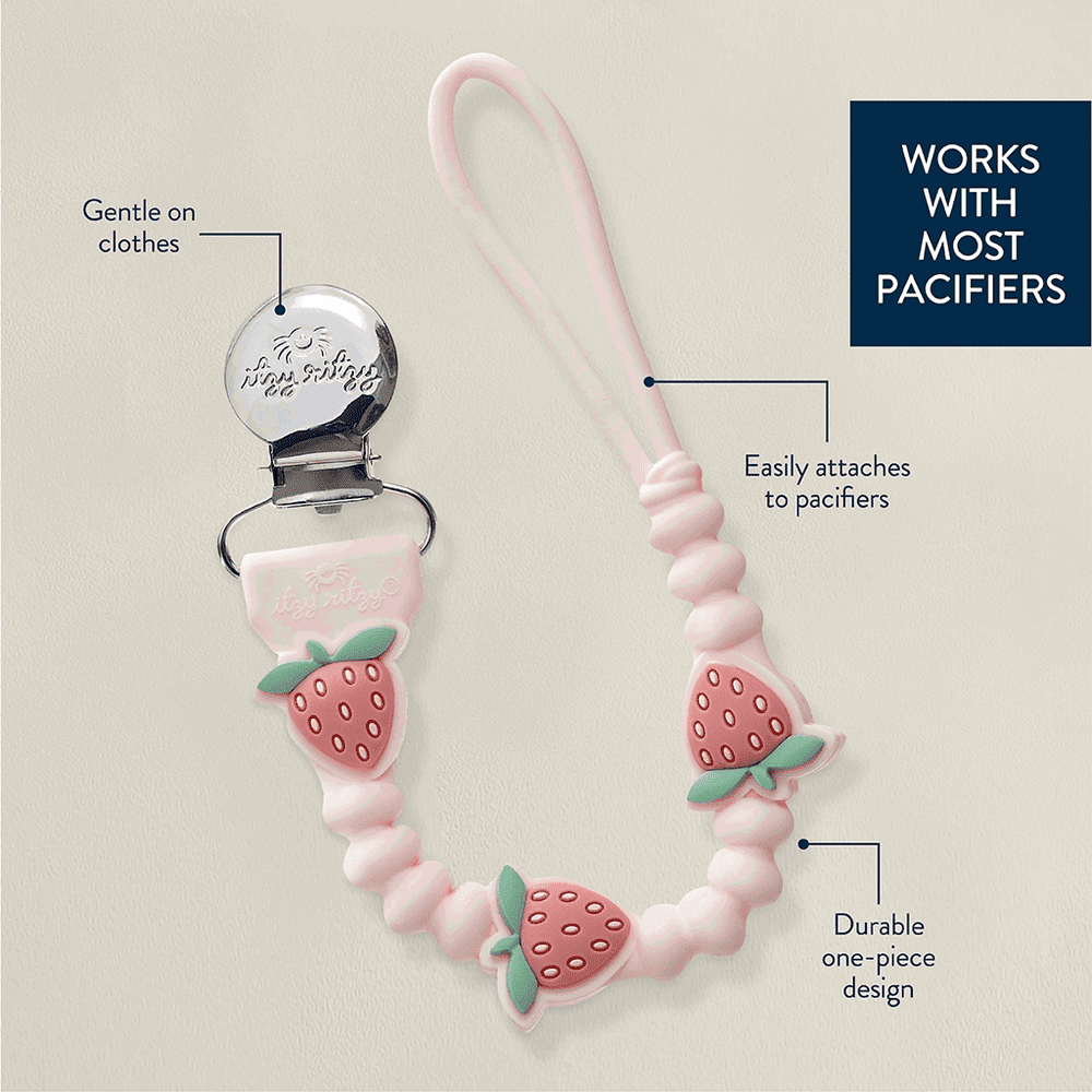 Itzy Ritzy Sweetie Strap Plus pink strawberry pacifier clip with beaded strap by ITZY RITZY
