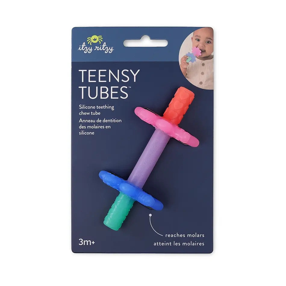 Itzy Ritzy Teensy Tubes silicone teething chews; four colored tubes joined as baby gnaws to reach molars.