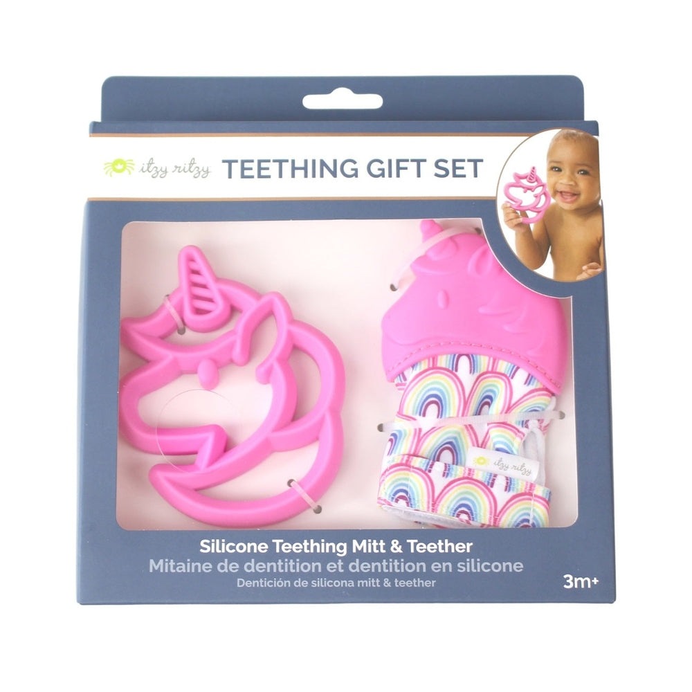 Itzy Ritzy Teething Mitt & Teether Gift Set: pink unicorn mitten and rainbow teether, 2 pieces