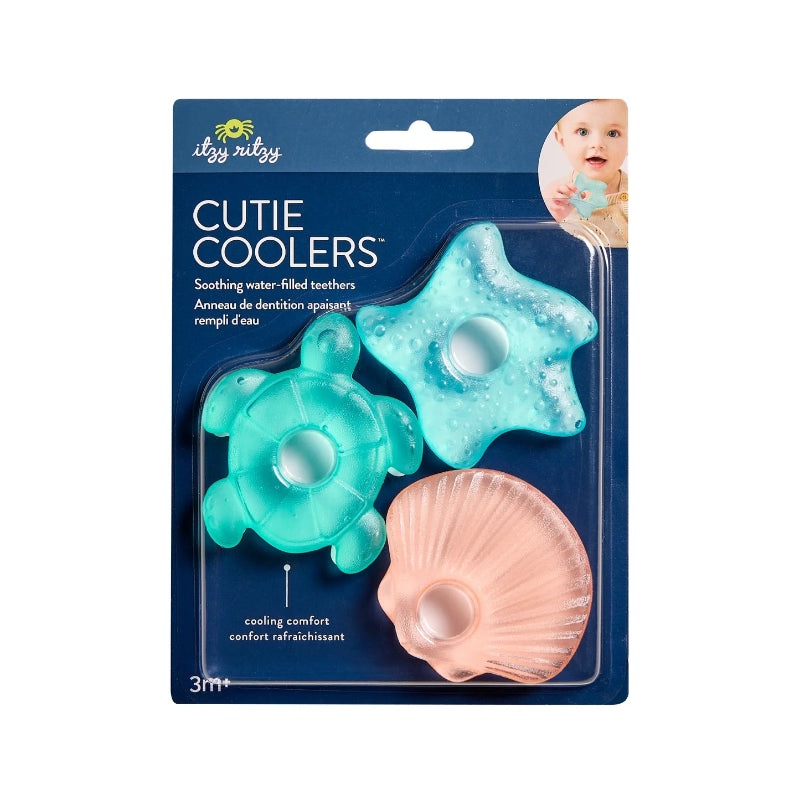 Itzy Ritzy water-filled teethers 3pcs: teal star, aqua flower, peach shell teething toys.