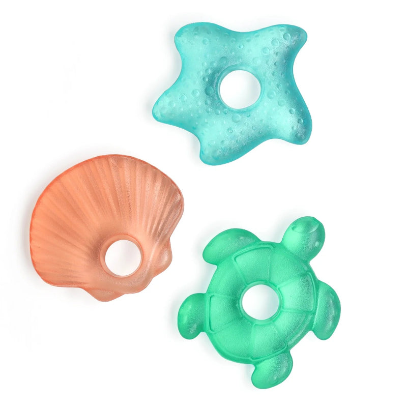 Itzy Ritzy water-filled teether trio featuring star, shell, and turtle shapes in turquoise, peach and green