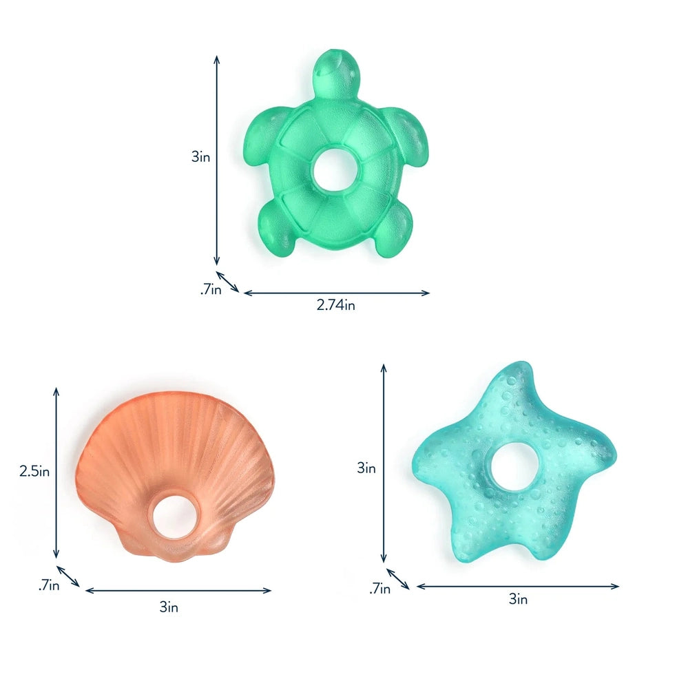 Itzy Ritzy water-filled teething toys set of 3 — teal turtle, peach shell, teal star.