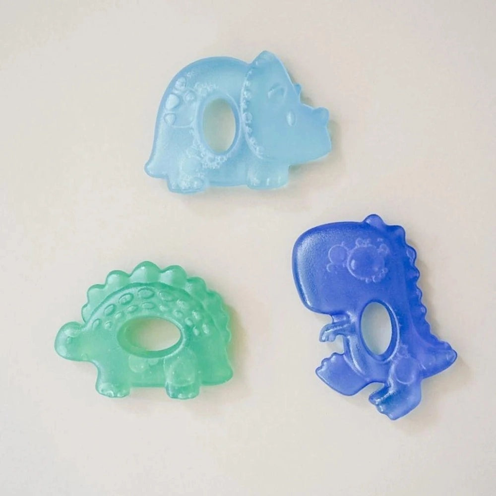 Itzy Ritzy Water-Filled Teethers 3-pack featuring blue, teal and light-blue dinosaur shapes.
