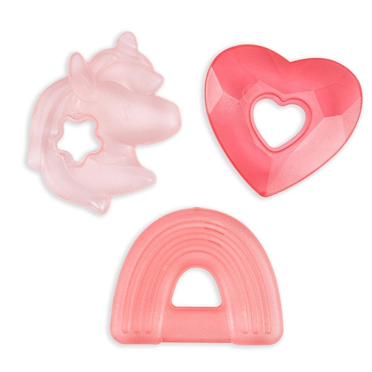 Itzy Ritzy water-filled teether trio in pink with unicorn, heart, and rainbow arches (3 pieces)