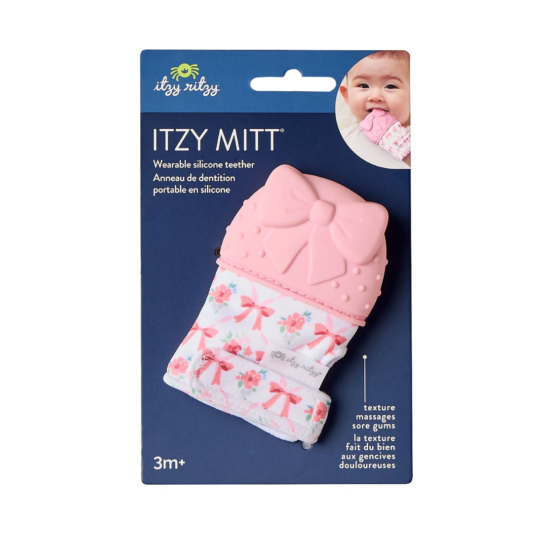 Itzy Ritzy Itzy Mitt Bow teething mitten in retail packaging