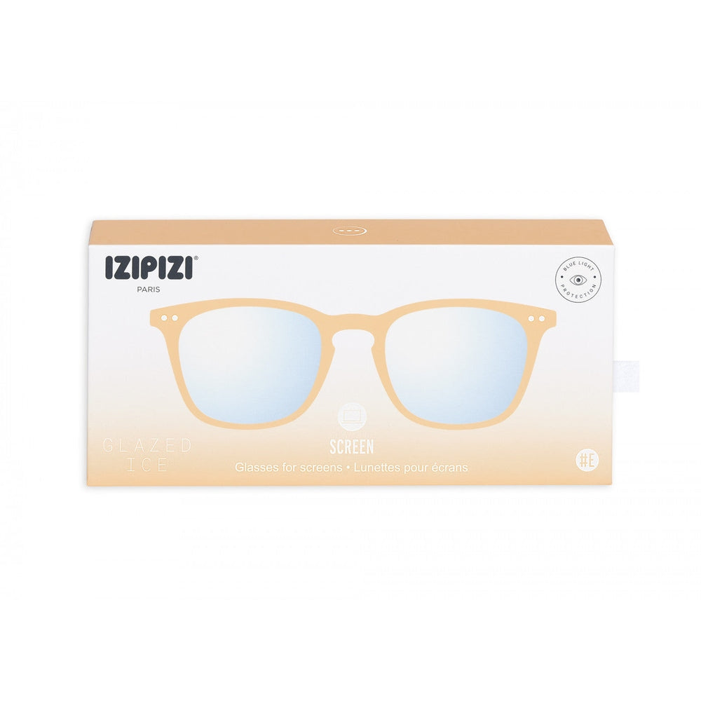 IZIPIZI Screen #E Sun Stone sunglasses in peach frame with blue mirrored lenses in box