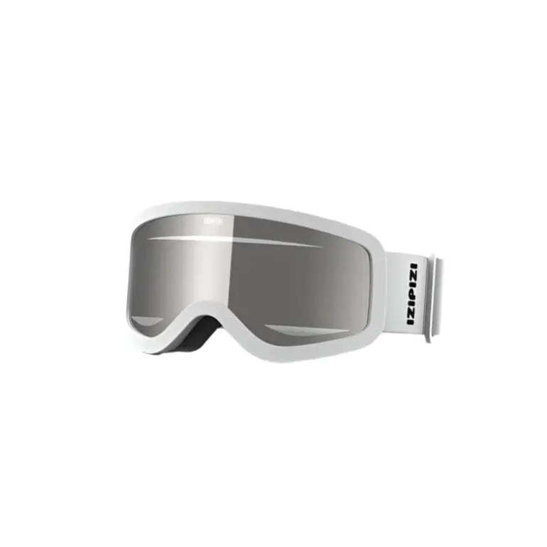 IZIPIZI Snow Junior ski goggles with white frame and mirrored gray lenses, strap labeled IZIPIZI shown secured