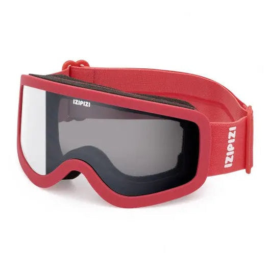 IZIPIZI Snow Junior ski goggles with red frame and dark lenses; adjustable strap visible for a secure fit.