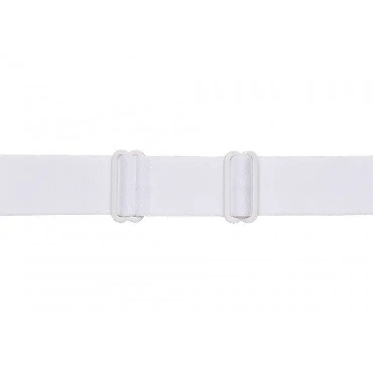 Izipizi Snow Junior ski goggles strap in white with adjustable buckles being fastened.