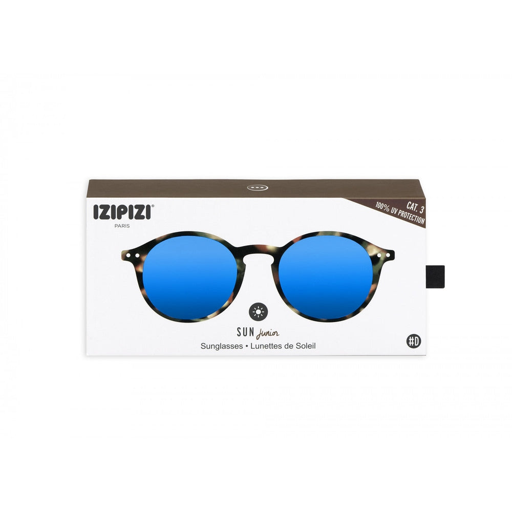 IZIPIZI Sunglasses Junior #D tortoise frame with blue mirror lenses in white box.