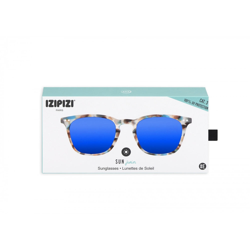 Izipizi Junior Sunglasses #E blue tortoise mirror with tortoise-pattern frame and blue lenses