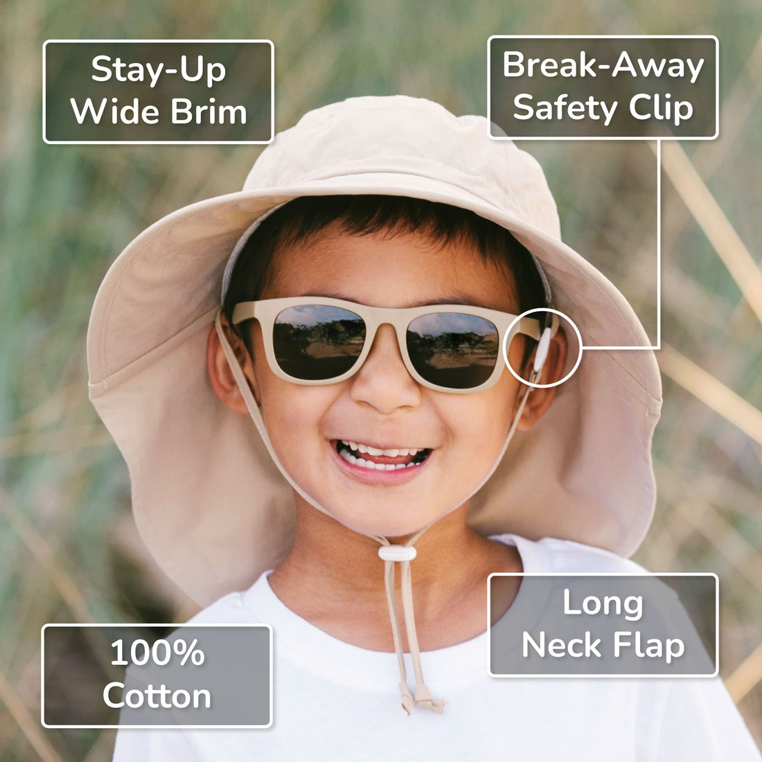 Jan & Jul Cotton Xplorer Hat stay-up brim neck flap and safety clip feature graphic