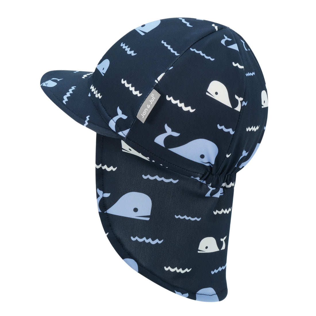 Jan & Jul UV Baby Cap - UV Quick Dry - Navy Whale Tales brim and neck flap view