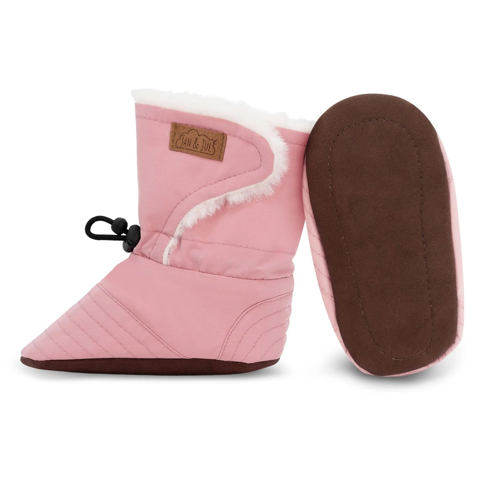 Jan & Jul Baby Stay-Put Winter Booties dusty pink with white faux-fur trim and adjustable toggle securing fit.