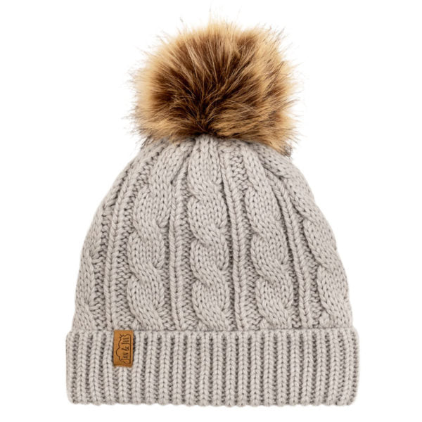 JAN & JUL cable knit grey beanie with fur pom for adults.
