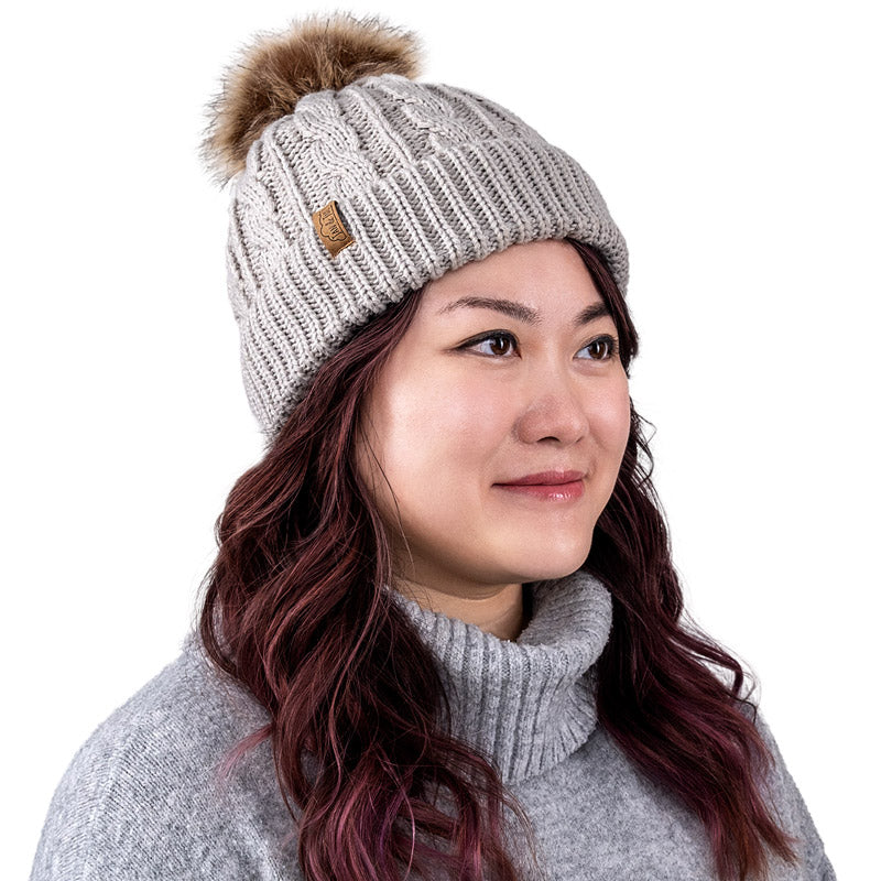 JAN & JUL cable knit beanie, grey, adult size with faux fur pom.