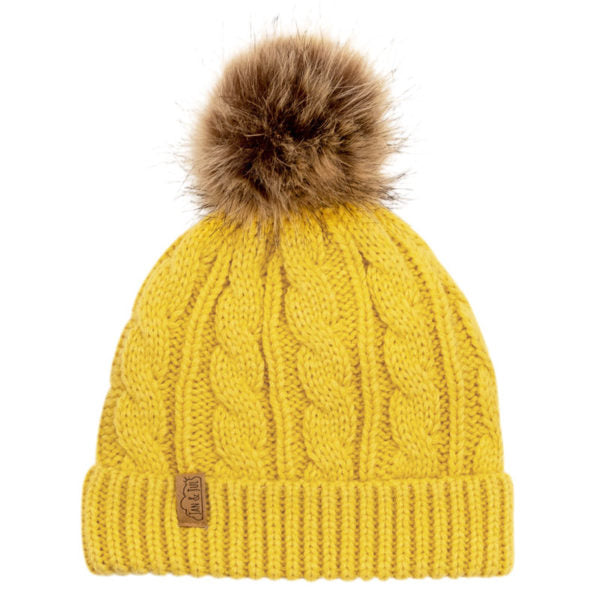 Jan & Jul mustard cable-knit beanie with faux fur pom-pom, adult size, brand patch on cuff