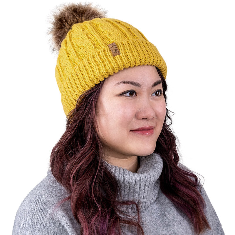 JAN & JUL mustard cable-knit beanie with fluffy pom-pom, adult size