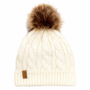 Jan & Jul cream cable-knit baby beanie with fur pom-pom