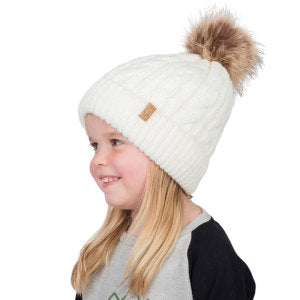 JAN & JUL Twinning cream cable-knit beanie with fur pom-pom for kids