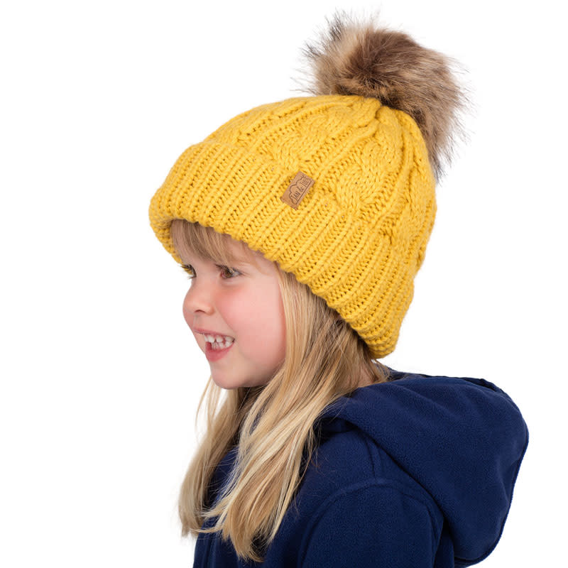JAN & JUL kids mustard cable-knit beanie with faux fur pom