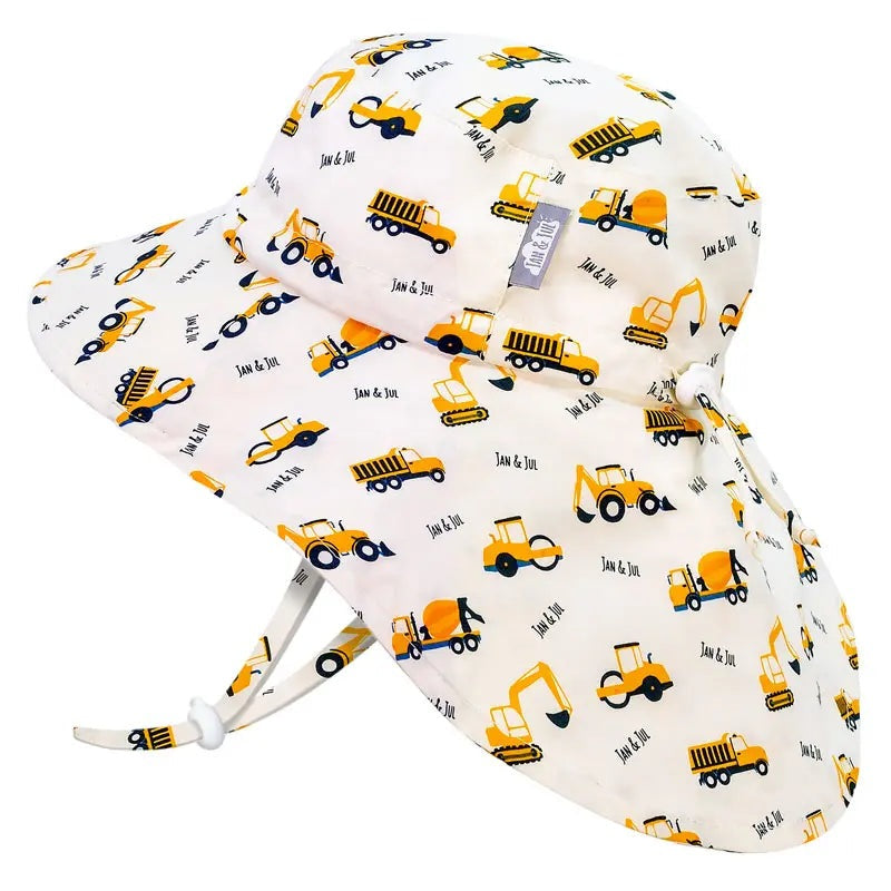 Jan & Jul Cotton Adventure Hats Little Diggers white hat with yellow digger print and fastened adjustable chin strap
