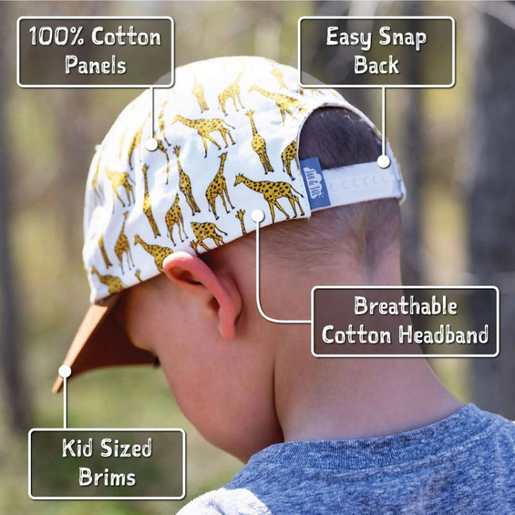 JAN & JUL cotton baseball cap for kids with giraffe print, breathable headband, kid-sized brim, snap back