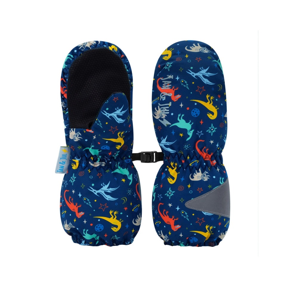 JAN & JUL Cozy Dry Mitten Space Dinos blue baby mittens with space-dinosaur print, joined by a strap for secure wear