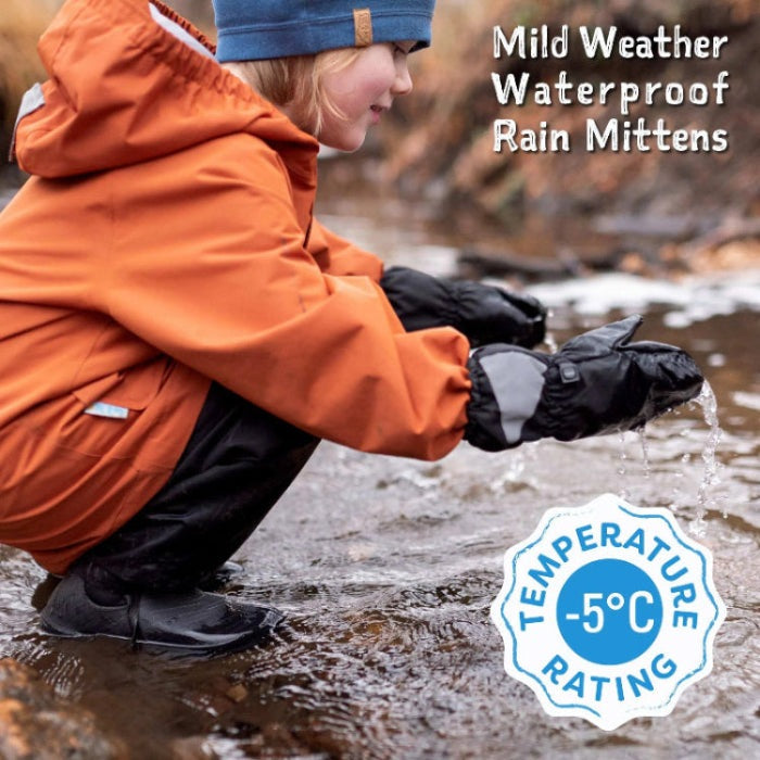 JAN & JUL Cozy Dry Space Dinos toddler rain mittens in orange with black cuffs, kid splashing water