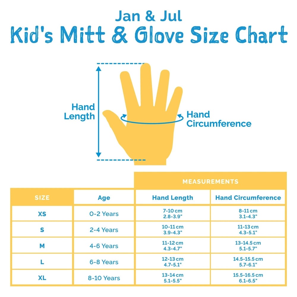 Jan & Jul Cozy Dry Mitten Space Dinos kids' mittens with yellow dinosaur design and a size chart for hand length & circumference.