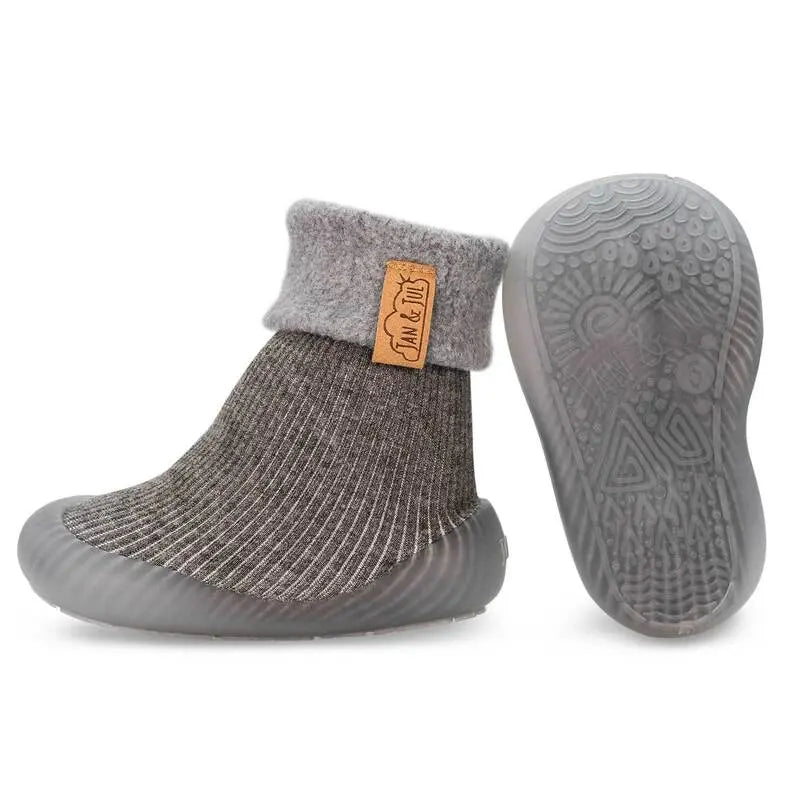 JAN & JUL Cozy Sock Shoes Dark Grey knit boot with folded cuff and rubber sole for toddlers