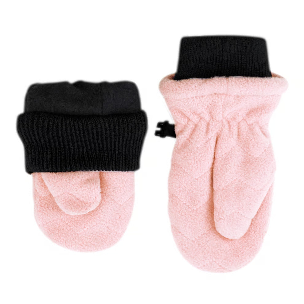 JAN & JUL Fleece Mittens Dusty Pink set of 2 with black ribbed cuffs, shown as soft pull-on baby gloves