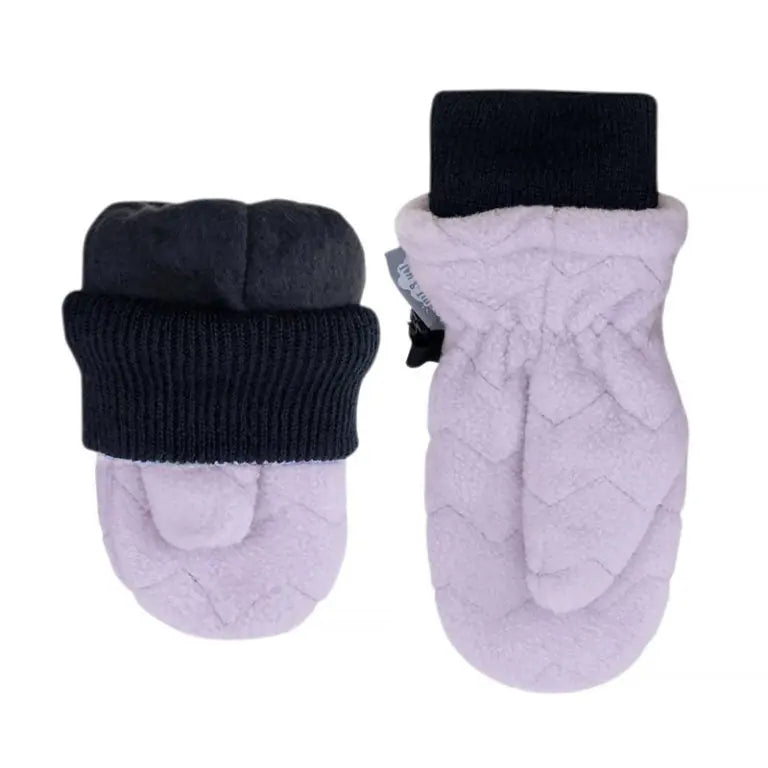 JAN & JUL Fleece Mittens Lavender with navy cuffs, set of 2, shown ready to warm a baby’s hands