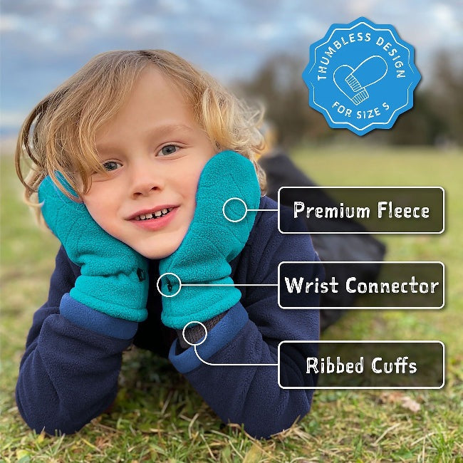 Jan & Jul Fleece Mittens teal, ribbed cuffs with wrist connector, worn by smiling child outdoors.