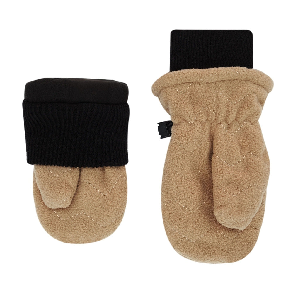 Jan & Jul Fleece Mittens Soft Brown, cozy toddler mittens with black ribbed cuffs, a two-piece pair.