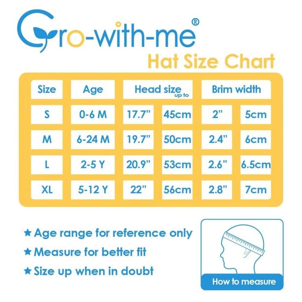 Jan & Jul Kids Adventure Hat Heather Grey with size chart showing head measurements for a perfect fit.