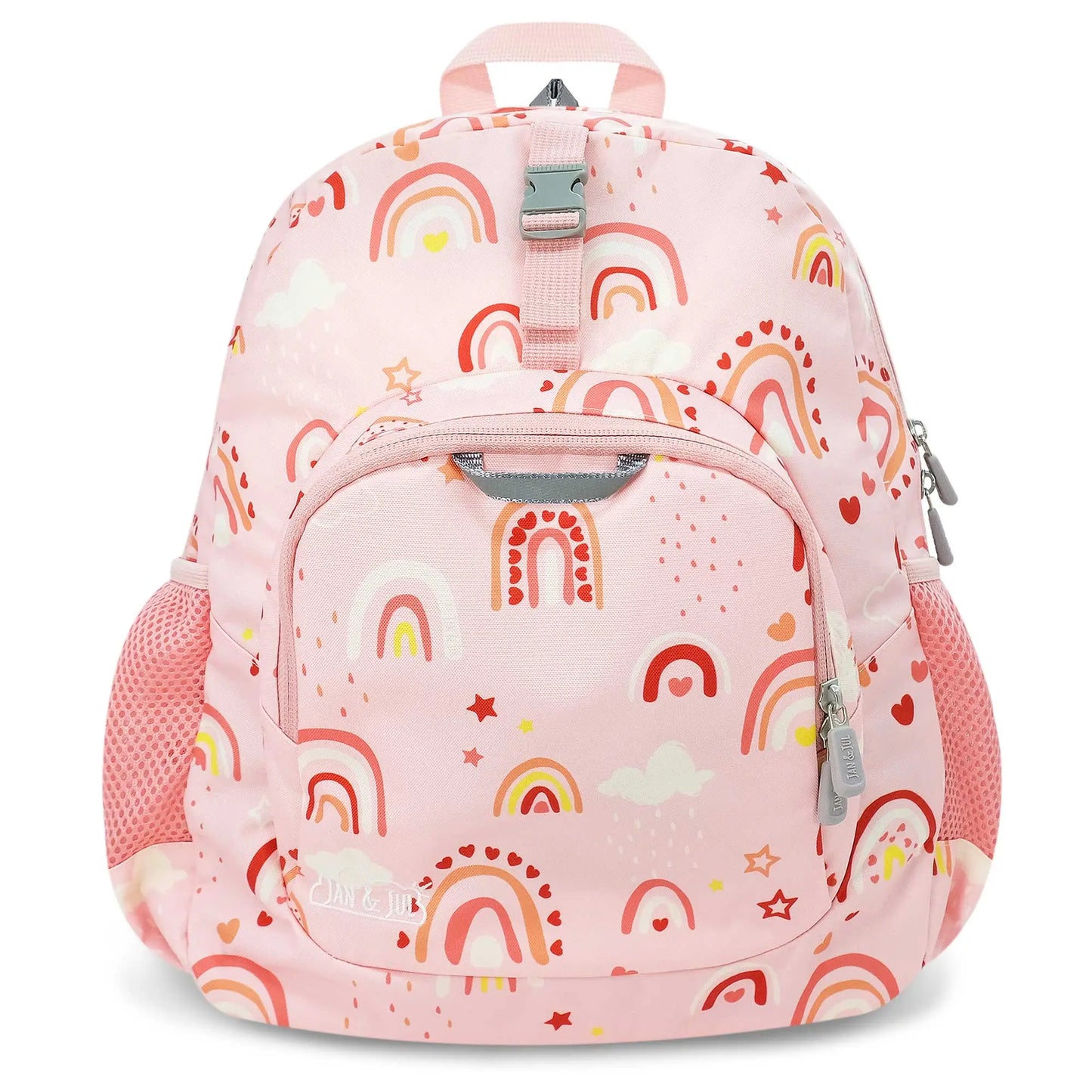 JAN & JUL Kids Backpack in pink with rainbow print, front zip pocket and mesh side pockets, adjustable straps.