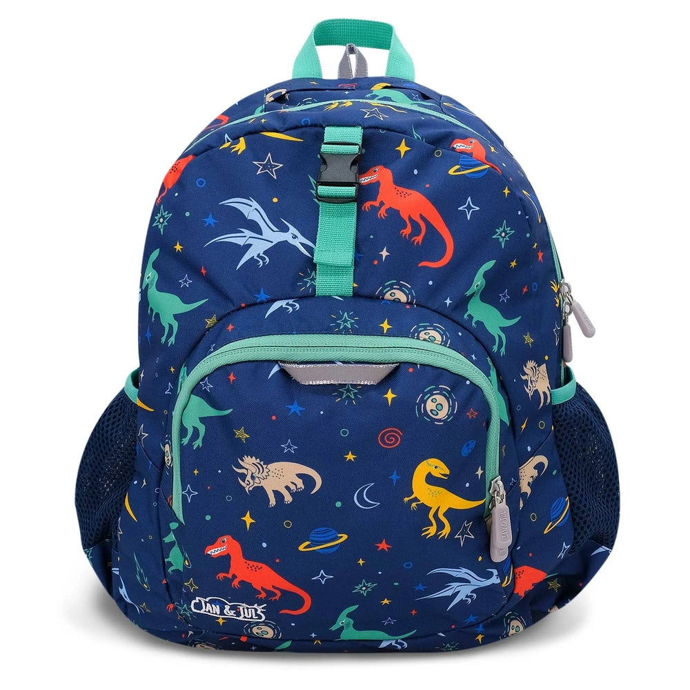 Jan & Jul Kids Backpack navy dinosaur print with teal zippers and mint handle, shown upright.