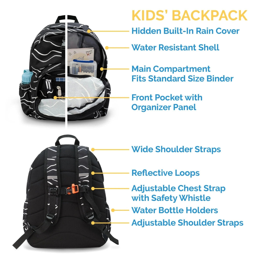 JAN & JUL Kids Backpack with hidden rain cover and water-resistant shell, front organizer pocket, and water bottle holders.