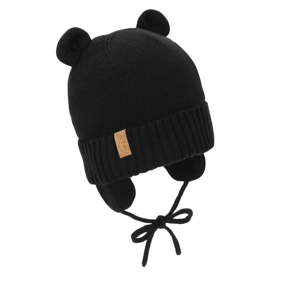 JAN & JUL Kids Bear Knit Hat in jet black with bear ears and chin-tie strings, cozy baby accessory.