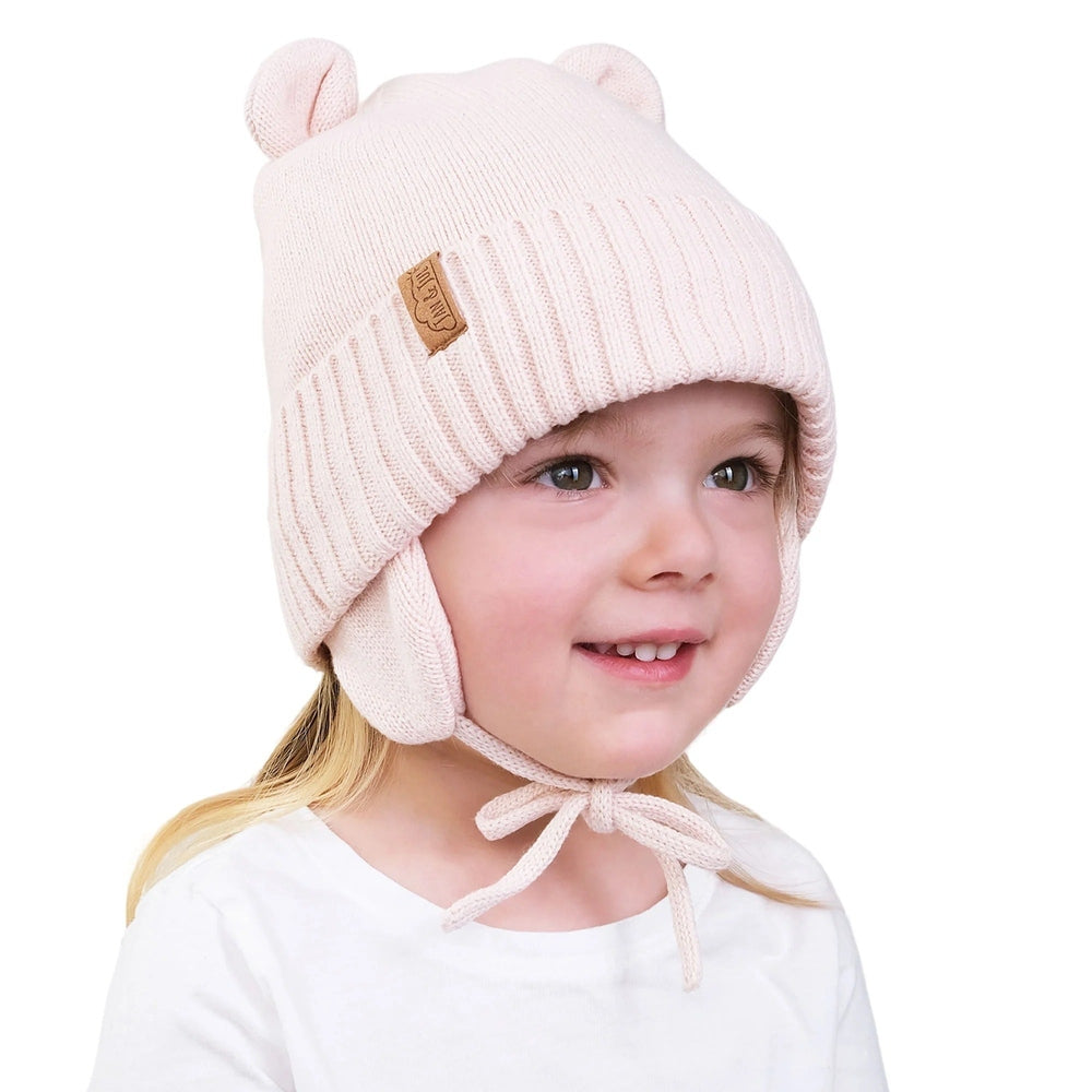 JAN & JUL kids bear knit hat in light pink with ear flaps