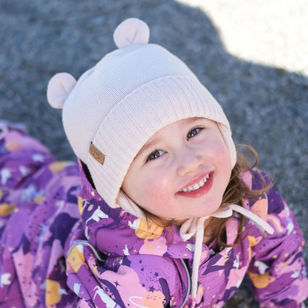 Jan & Jul kids bear knit hat in light pink with pom-poms and chin ties