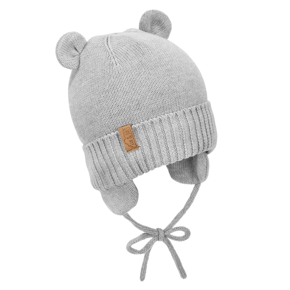 JAN & JUL Kids Bear Knit Hat in soft grey with bear ears, ribbed cuff and tied chin straps