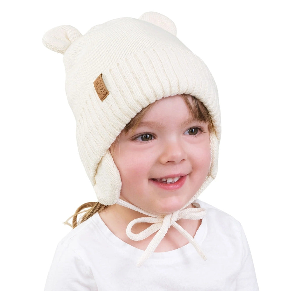 JAN & JUL kids bear knit hat in vanilla cream with ears and chin ties