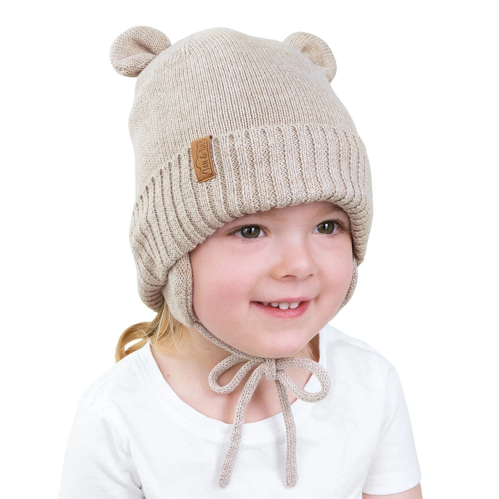 JAN & JUL kids bear knit hat in beige wheat field color with bear ears and tie closures