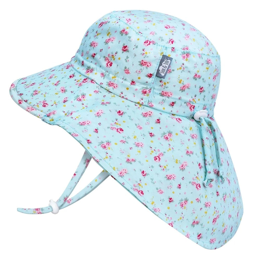 Jan & Jul Kids Cotton Adventure Hat Retro Rose in light blue with pink flowers; adjustable chin strap under chin.